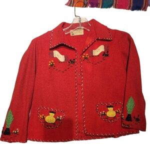 Vintage Garcia Leal Honos Mexico Souvenir Folk Art Red Wool Child's Jacket 1940s